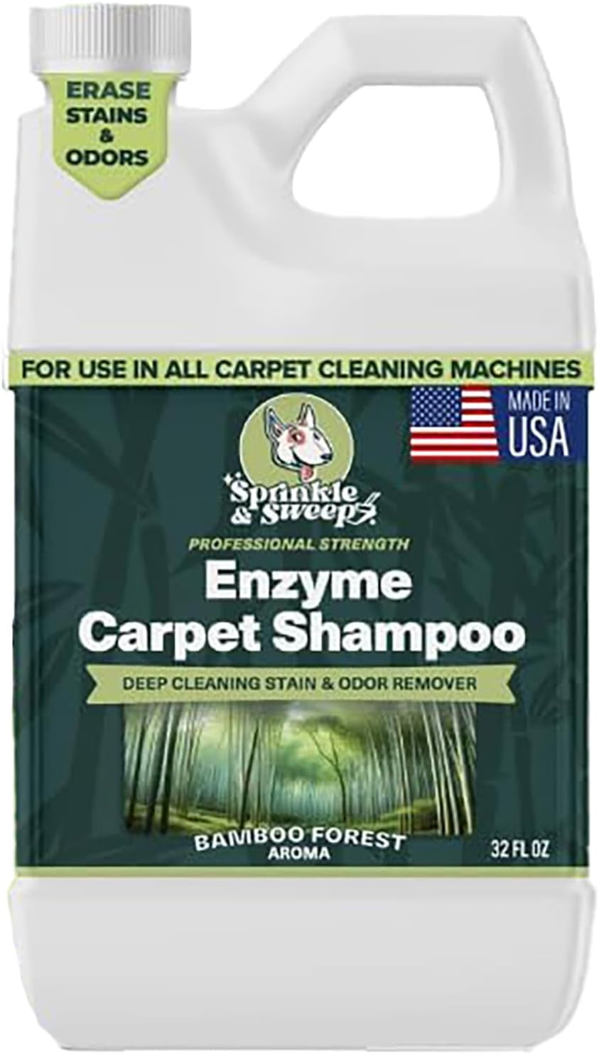 Sprinkle & Sweep: Enzyme Carpet Shampoo - 32Oz, Deep Cleaning Pet Stain & Odor Remover, Dog & Cat Mess-Urine-Accident Solution, All Machine Compatible