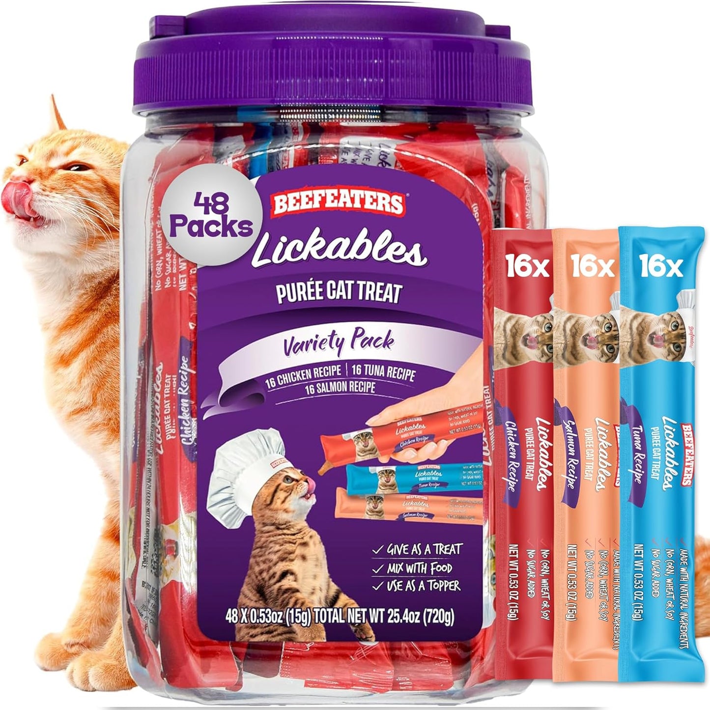 Beefeaters Wet Cat Treats Lickable 48 Count Puree Variety Pack - Salmon Tuna Chicken for Hydration & Training, Grain Free Taurine Enriched High Moisture, Lickable Cat Treats Squeeze up for Picky Eater