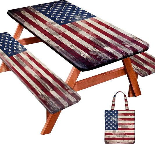 Picnic Table Cover with Bench Covers 6FT 3PCS, Camping Essentials, Fitted Camping Tablecloth Waterproof and Oilproof with Elastic Edge for Indoor Outdoor Patio, Retro American Flag (72Inch)