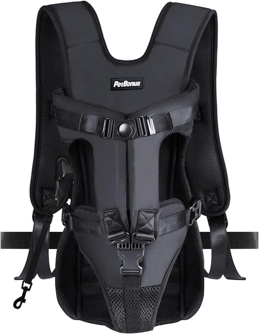 Petbonus Pet Front Dog Carrier Backpacks, Adjustable Pet Backpack, Legs Out Easy-Fit Puppy Chest Carrier for Medium Small Dogs, Hands Free for Hiking, Cycling (Black, L)