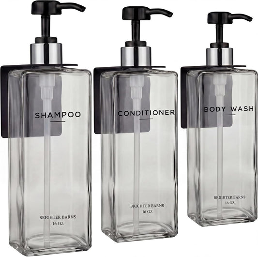 Clear Shampoo and Conditioner Dispenser Set Wall Mounted by Brighter Barns - Refillable Shower Soap Dispenser 3 Chamber No Drill - 16Oz Plastic Shampoo Body Wash & Conditioner Bottle for Hotel (Clear)