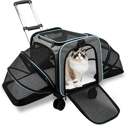 Pet Carrier on Wheels - Expandable Cat Carrier with Wheels Soft-Side Wheeled Cat Carrier Telescopic Handle, Rolling Pet Travel Bag Carrier for 15Lb Small Cats Dogs