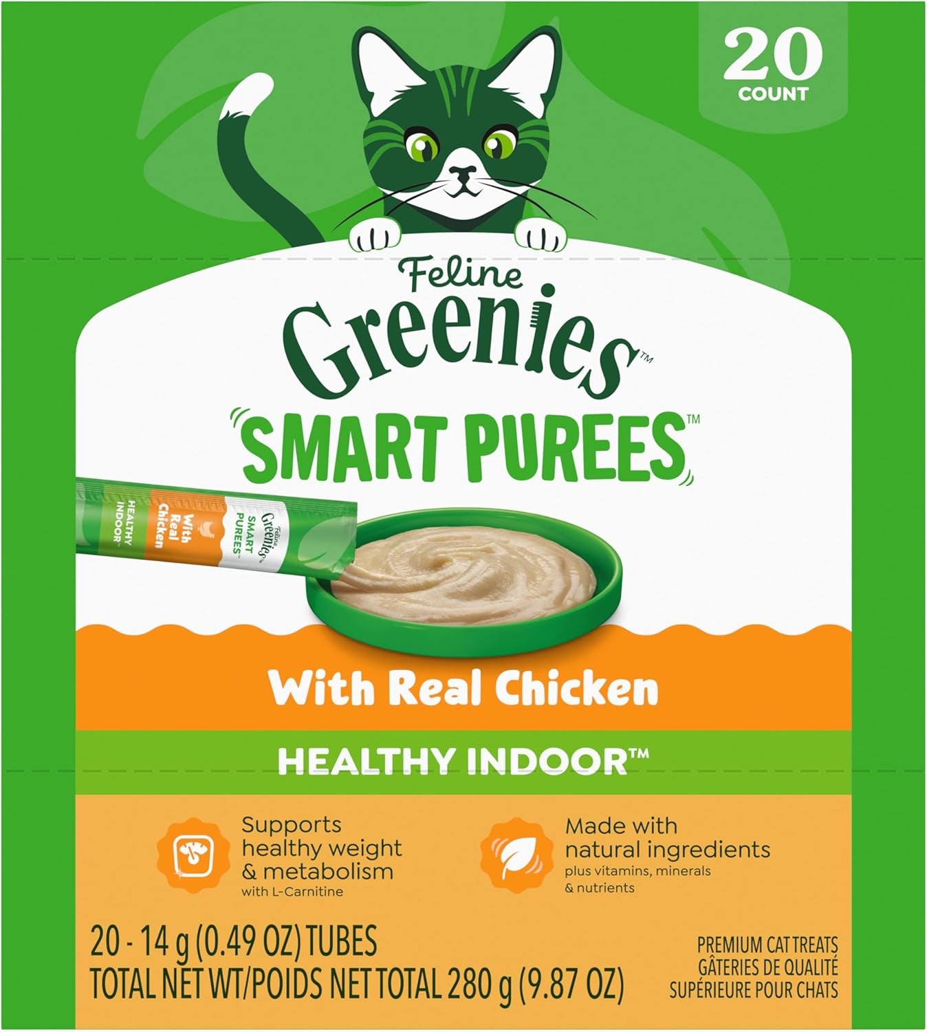 Greenies Feline Smart Purees Healthy Indoor Lickable Cat Treats with Real Chicken, 0.49 Oz. Tubes, 20 Count