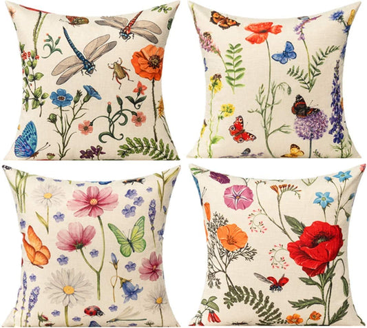 All Smiles Outdoor Patio Throw Pillow Covers 18X18 Set of 4 Spring Summer Garden Flowers Farmhouse Décor outside Furniture Bench Chair Decorative Cushion Cases for Swing Deep Seat Bed Couch Sofa