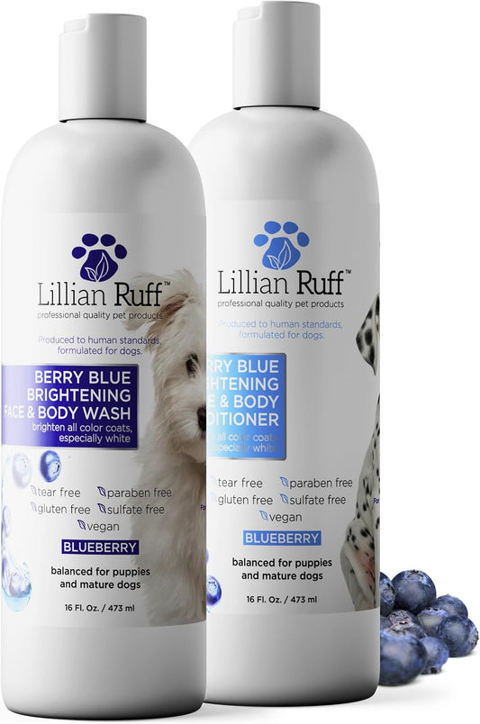 Lillian Ruff PRO Formula Berry Blue Brightening Dog Shampoo & Conditioner Set - Professional Show-Quality Whitening, Stain & Odor Eliminator, Hydrating Relief for Dry Skin, Provitamin B5, USA Made