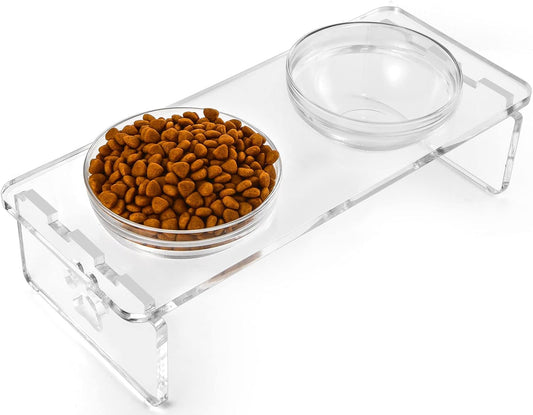 Elevated Dog & Cat Bowls – 3.75” Acrylic Raised Pet Feeder Stand with 2 Stainless Steel & 2 Glass Bowls – Food & Water Dish Set for Puppy/Small Dogs & Cats