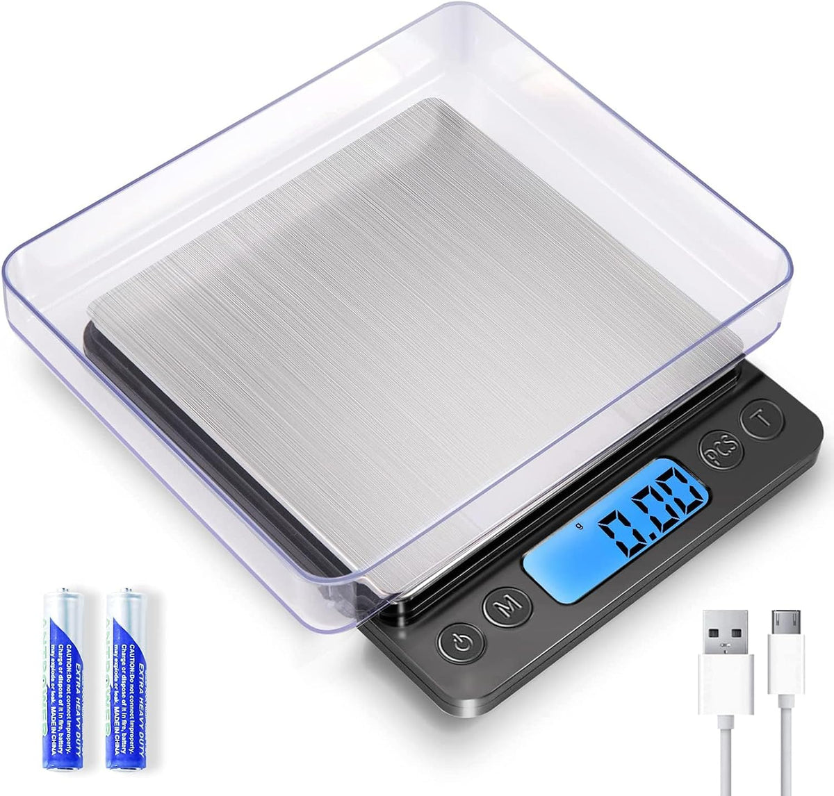Small Digital Gram Scale 1000G by 0.01G, MEIYA High Accuracy Scale for Food Ounces and Grams, Upgrade USB Charging Kitchen Scale Digital Weight for Cooking, Baking, with Tare Function, 9 Units, 2 Tray