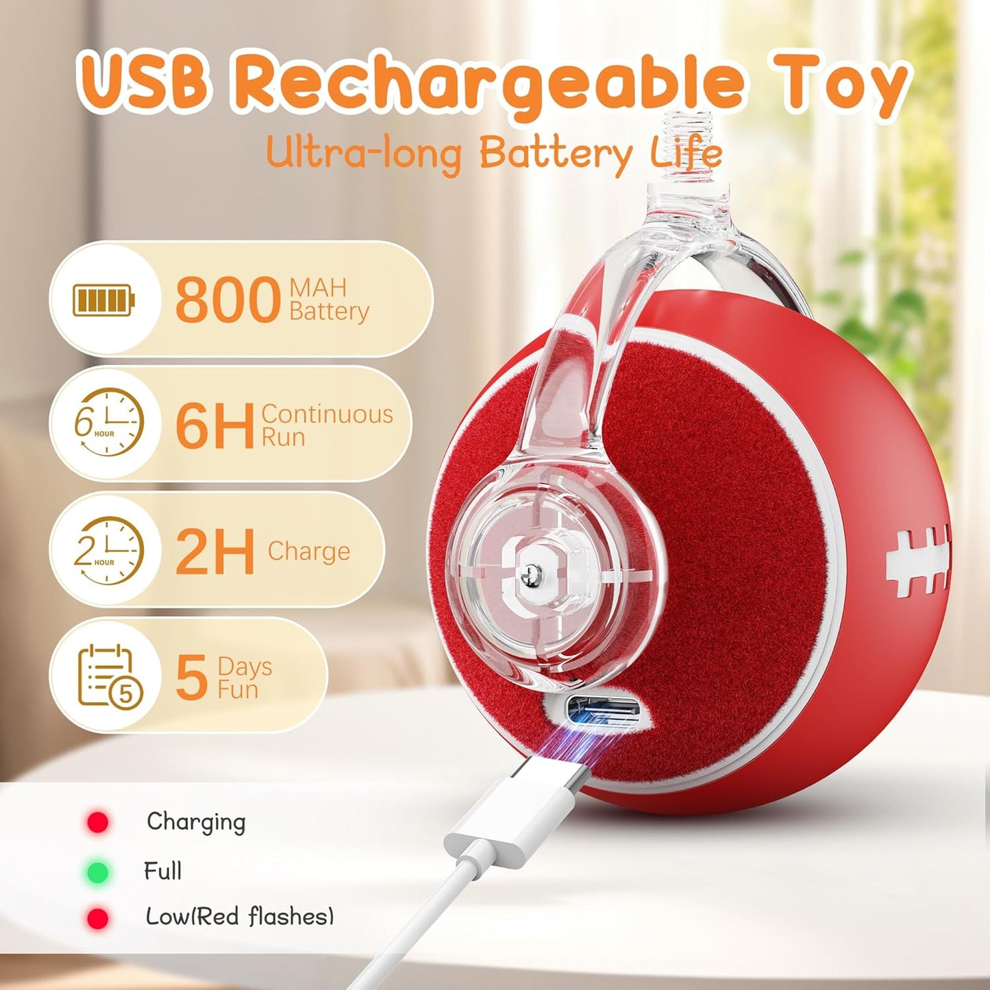Interactive Cat Toys for Indoor Cats,3 Modes Electric Moving Cat Ball with Feather Tail,800Mah Large Capacity & Low Noise,Automatic Kitten Toys for Bored Indoor Adult Cats