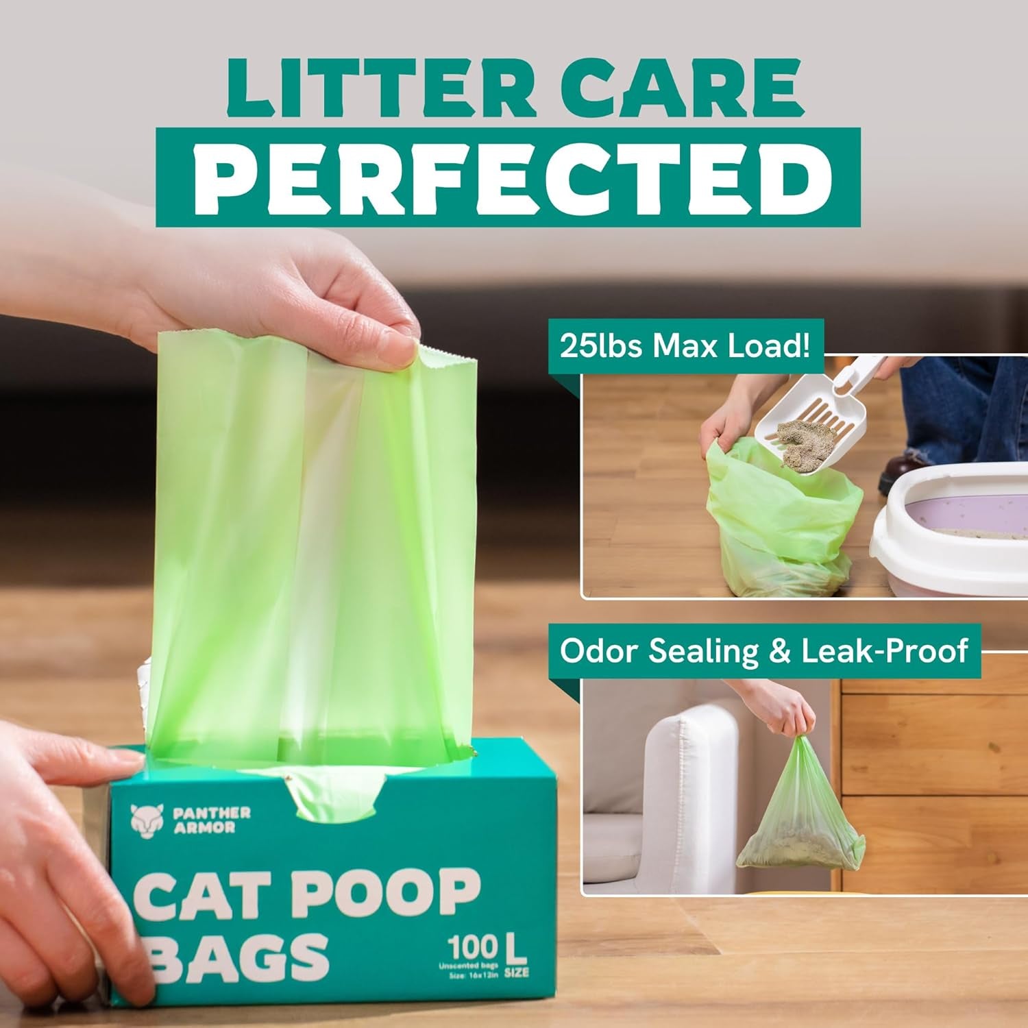 Panther Armor Compostable Cat Litter Bags for Poop - 100X Unscented Pet Waste, 13X9In Leak Proof Kitty Litter Disposal - Odor Proof, Easy Open Dispenser Box of Cat Poop
