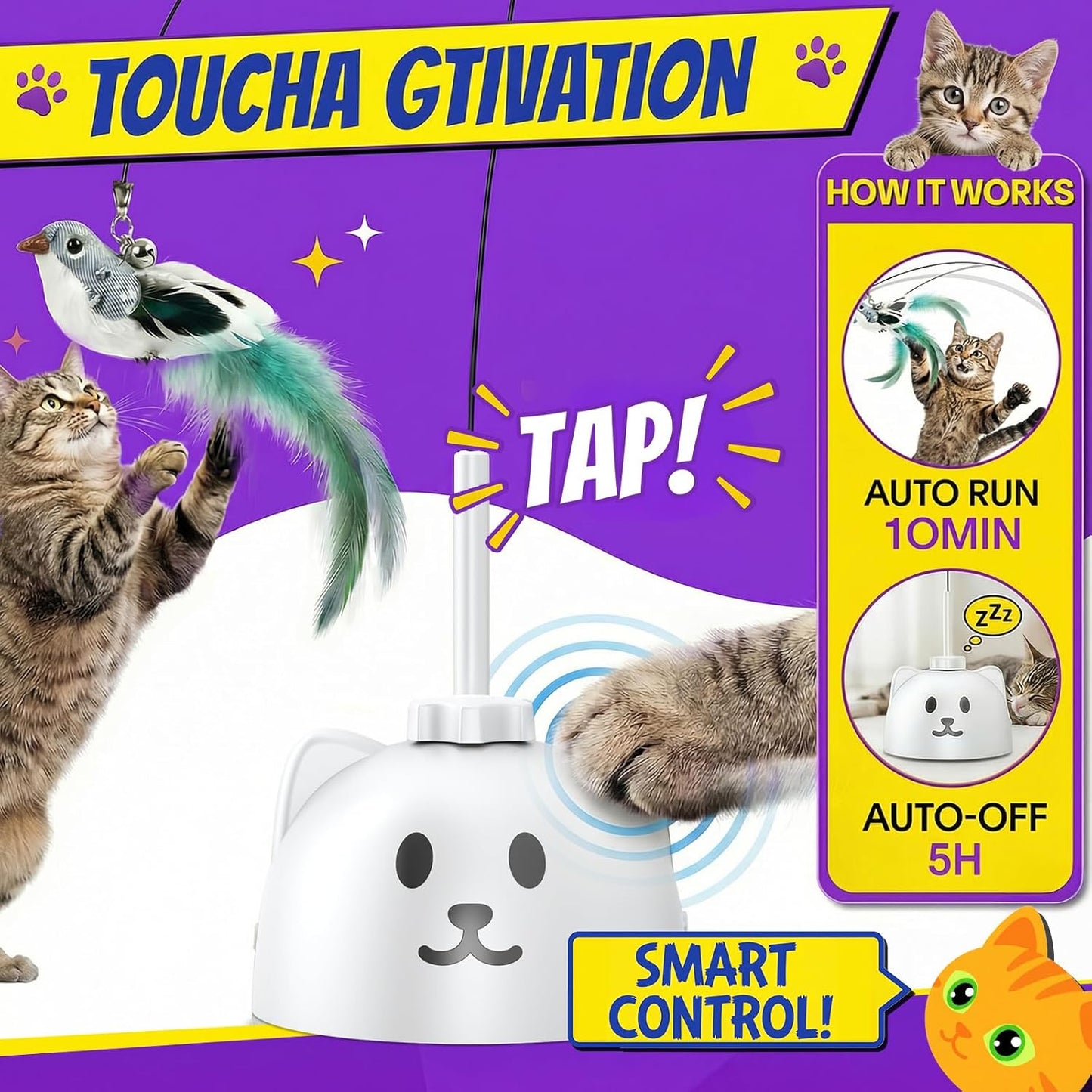 Interactive Cat Toys for Indoor Cats, Automatic Flying Bird Cat Toy with 360° Feather Wand, Strong 8Cm Suction Cup, USB Rechargeable Self-Play Cat Toy for Bored Kittens & Adult Cats