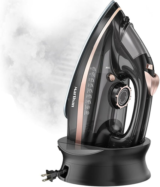 Martisan Cordless Iron for Clothes, 1600W, Wireless, Rapid Heating, Retractable Cord, Power Charging Base, Ceramic Soleplate, Auto-Off, Anti-Calc, Anti-Drip, Self Clean