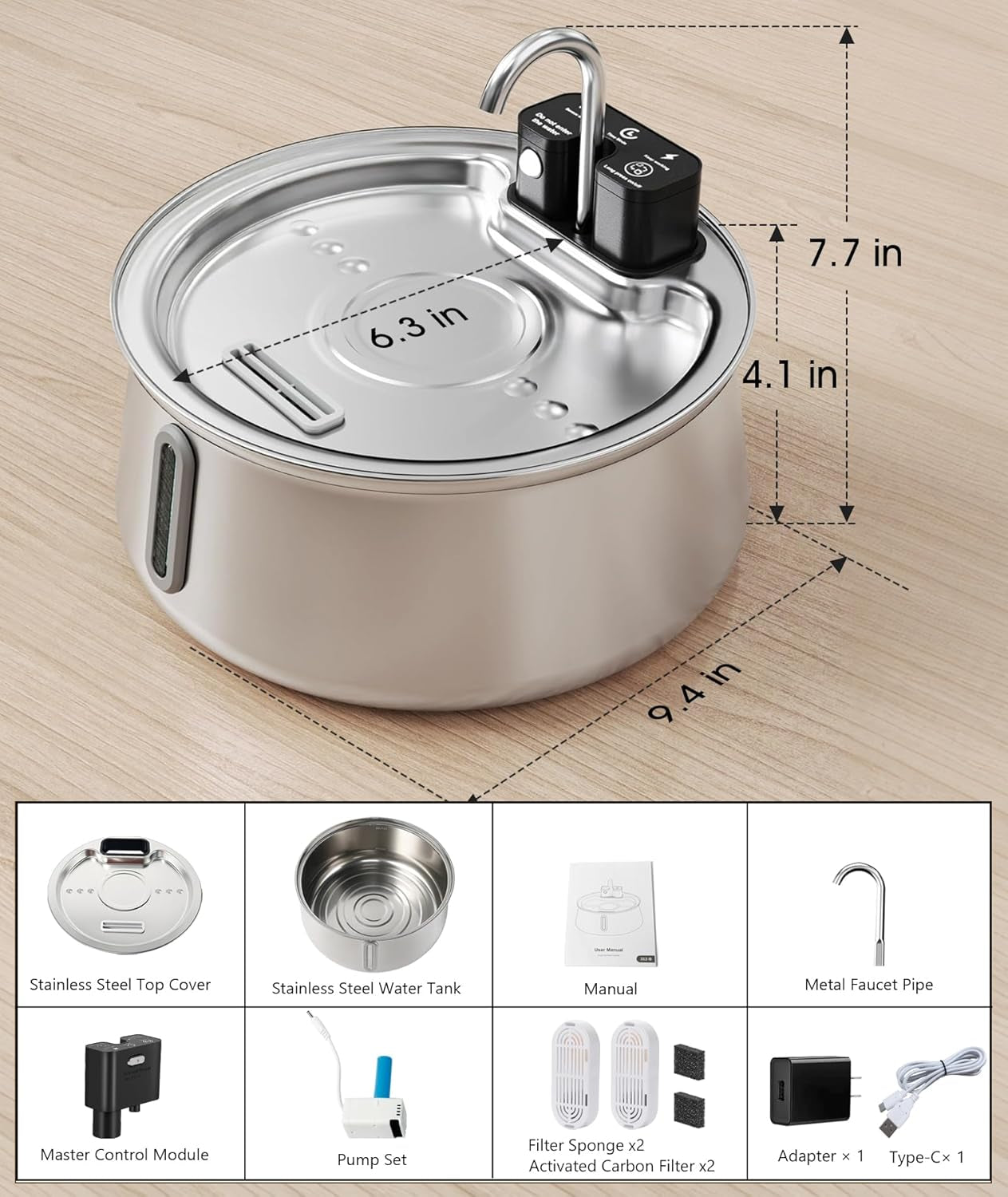 CEESC Cordless Cat Water Fountain Stainless Steel, 4L/135Oz Automatic Pet Water Dispenser with Motion Sensor, Multi-Filtration, Ultra Quiet Pump, Long-Lasting 4000Mah Battery for Indoor Cats & Dogs