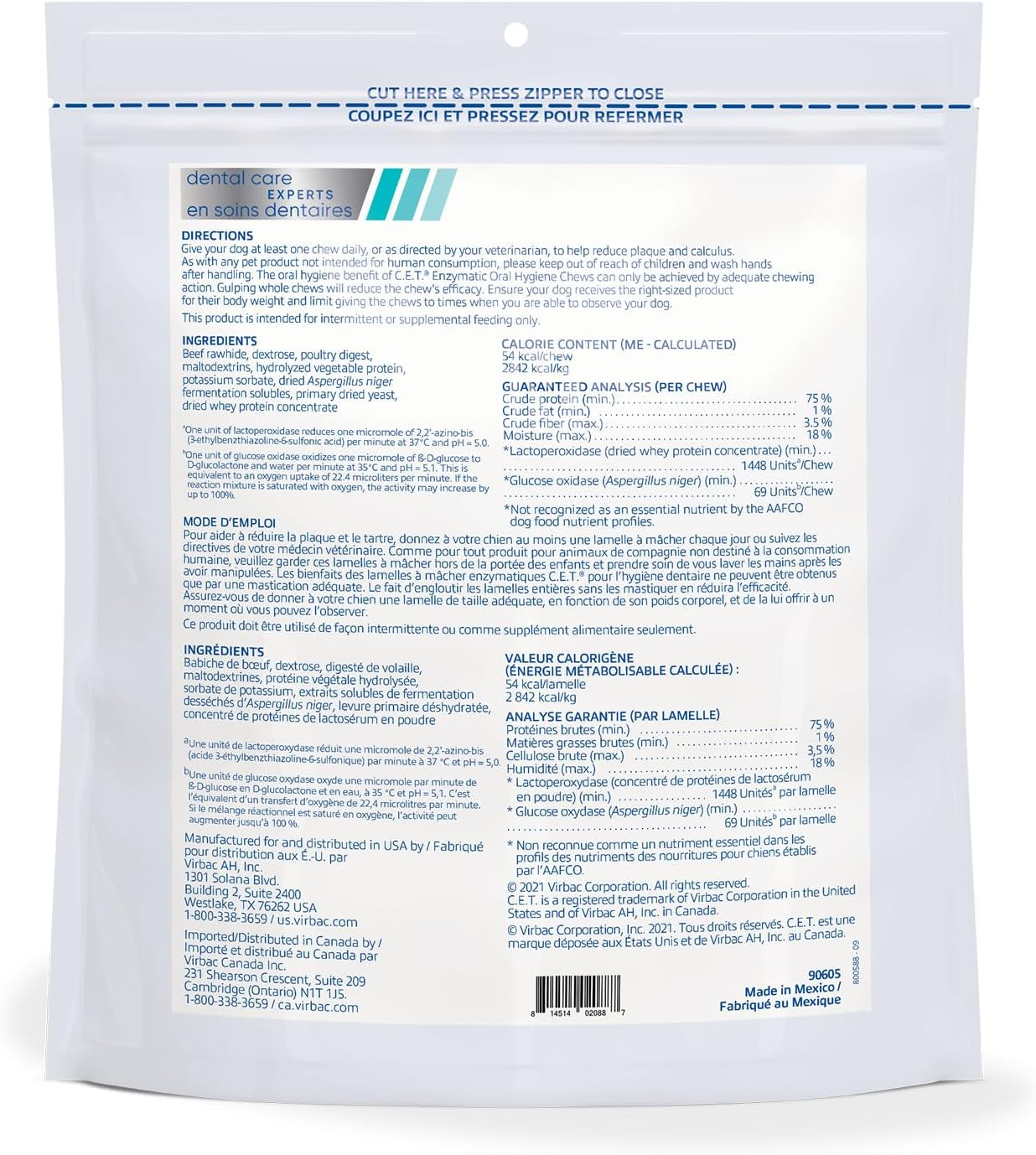 Virbac C.E.T.® Enzymatic Oral Hygiene Chews for Dogs, Medium - Plaque & Tartar Control - Single Layer Beefhide with Exclusive Dual-Enzyme System & Tasty Chicken Flavor - Easy to Give Dog Dental Chew