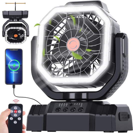 AVV 20000Mah High Speed Portable Camping Rechargeable Fan with Remote Control, Battery Powered with Auto Oscillating with Camping Essentials Accessories for Outdoor, Beach, Patio, Tent, Black