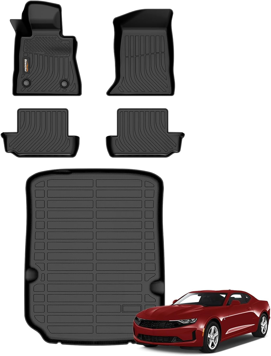 Binmotor-Floor Mats Cargo Liner Set for 2016-2024 Chevy Chevrolet Camaro, Heavy Duty TPE All Weather Car Waterproof Liners Trunk Liner for Chevrolet Camaro Accessories- Black
