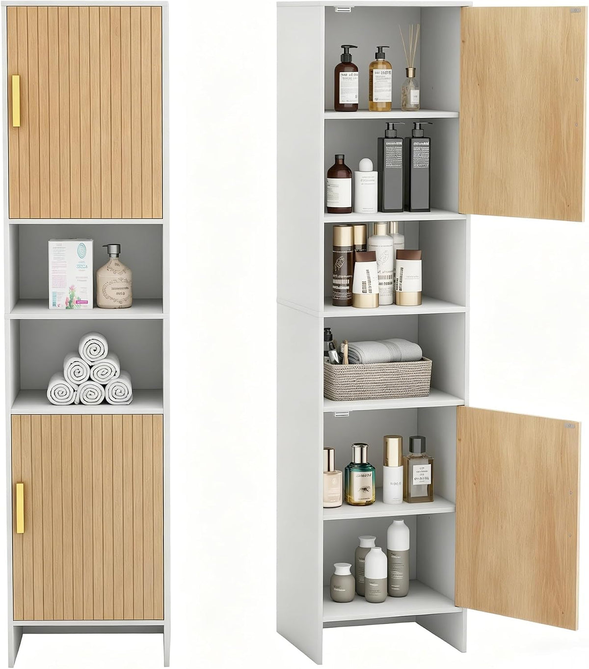 Bathroom Storage Cabinet, Tall Narrow Storage Cabinet with USB Light, White