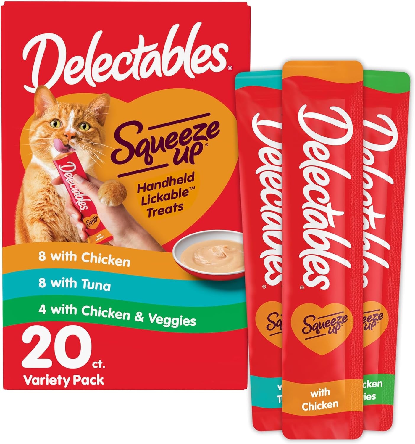 Delectables Squeeze up Variety Pack, Creamy Squeezable Puree, Lickable Wet Cat Treats, Grain Free, No Added Fillers, No By-Products, No Added Preservatives, 0.5 Ounces Tube, 20 Tubes Total