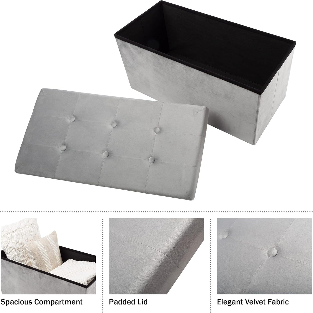 Storage Ottoman - Velvet Tufted Footrest, Linen Chest, or Bench Organizer with Removable Lid for Bedroom, Dorm Room, or Entryway by Lavish Home (Gray)