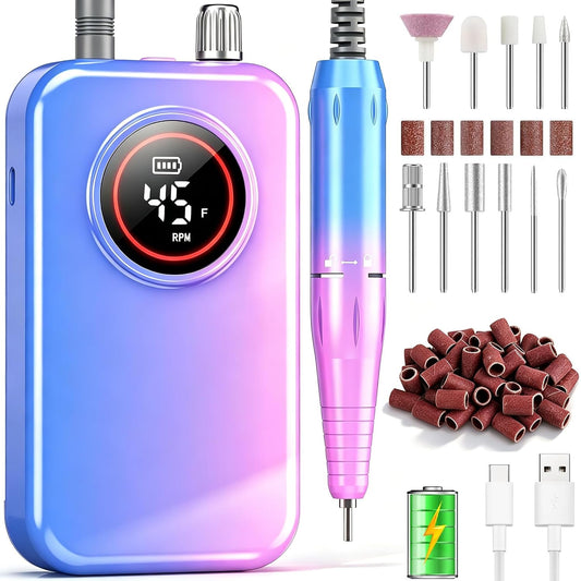 Nail Drill Professional, 45000 RPM Rechargeable Electric Nail File Kit for Acrylic & Gel Nails, Portable Manicure Pedicure Tool for DIY Home or Salon, with 11 Nail Drill Bits & Sanding Band Set