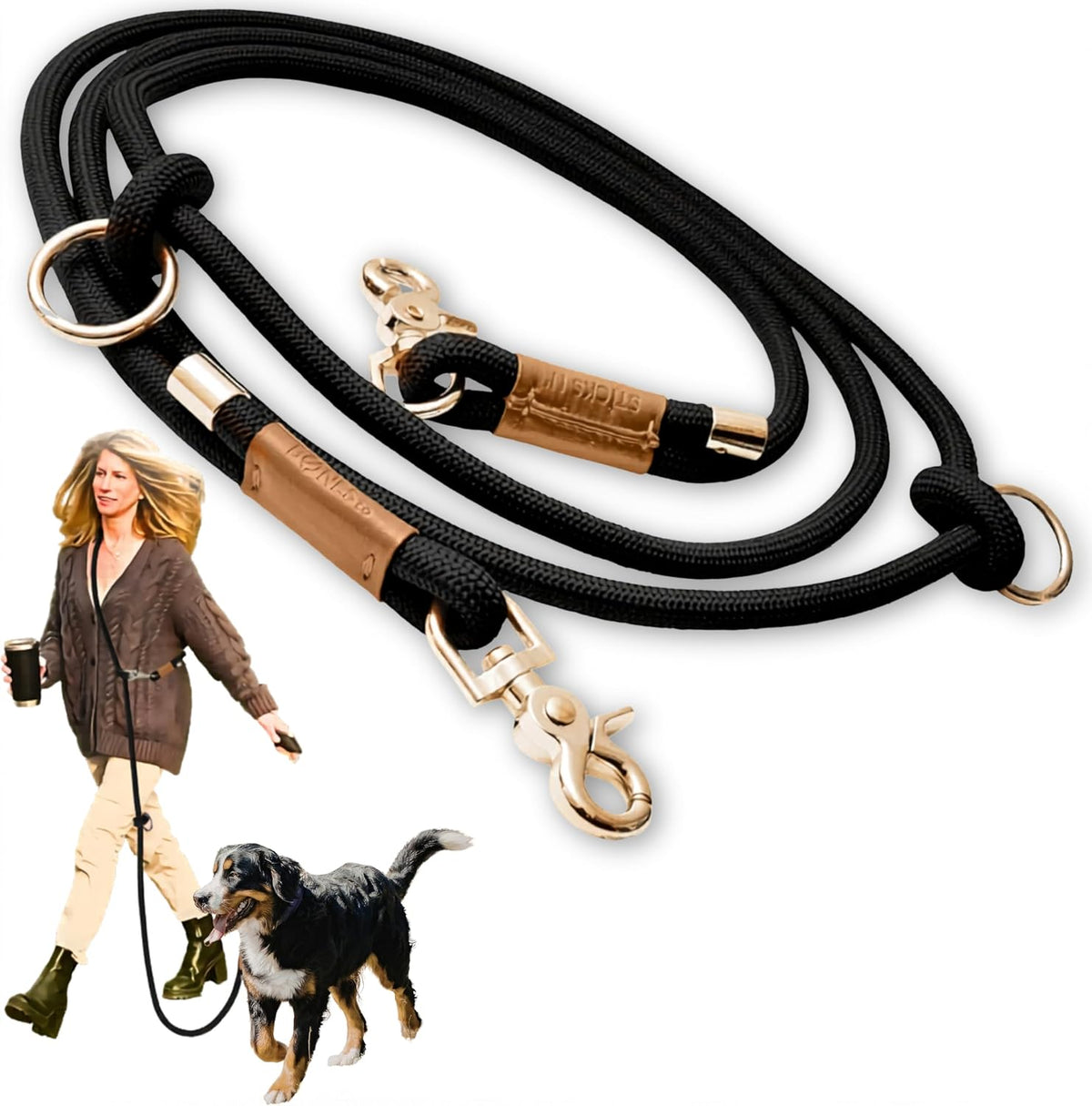 Hands Free Dog Leash, Waist Leash for Dog Walking, Crossbody, Multifunctional, Black Dog Lead, Running, 2 Dogs, Dual Handle, Dog Training, Adjustable Lead 4.3Ft - 7.5Ft, 3/8" (10Mm) Diameter.