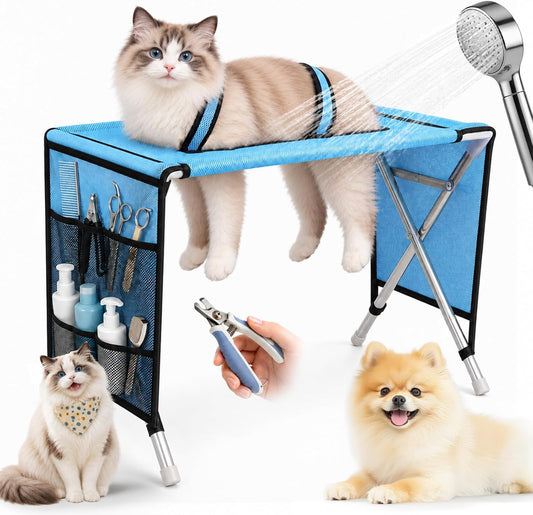 Foldable Grooming Hammock for Small Dogs & Cats, Pet Grooming Table with Stainless Steel Stand, Restraint Tool for Small & Medium Pets, 22 Lbs, Gentle Joint Support for Nail Trimming, Bathing