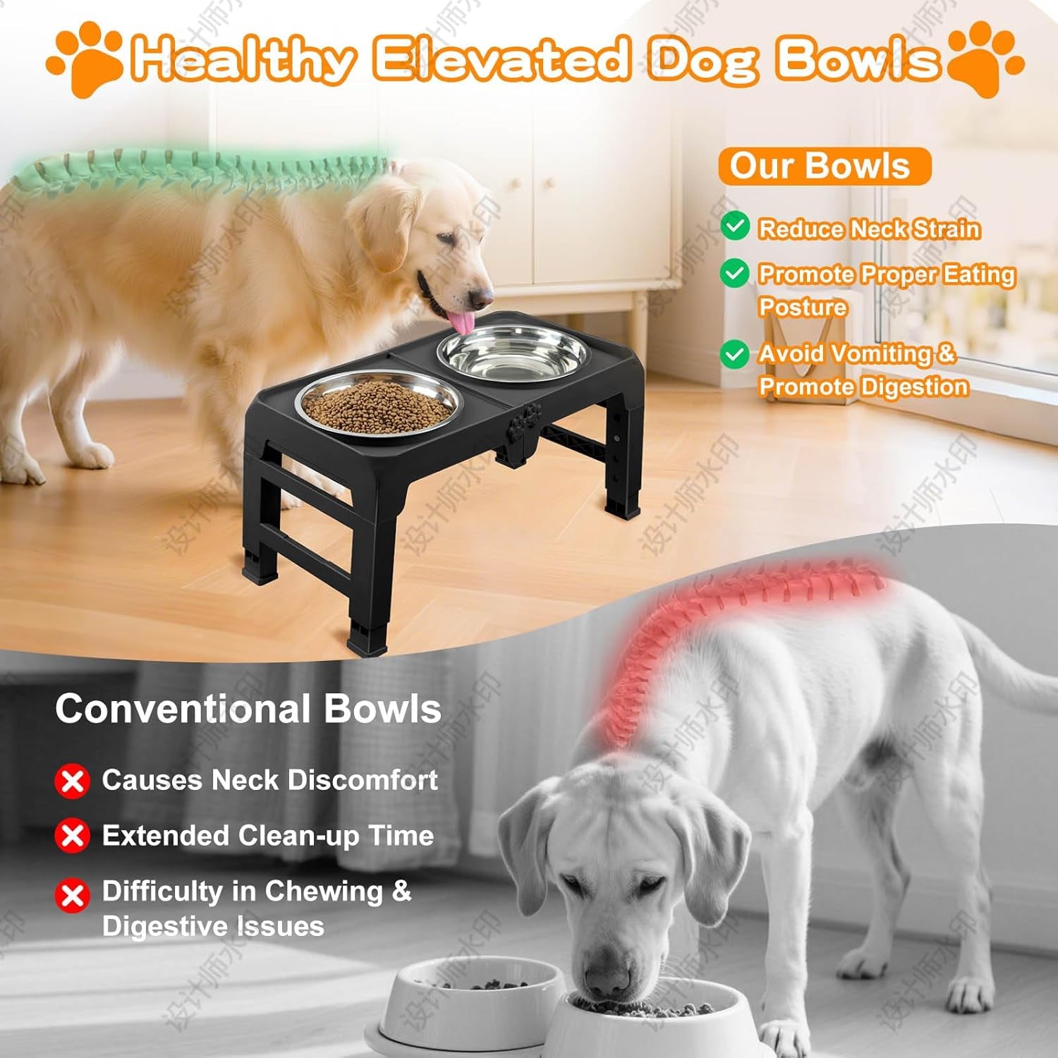 Elevated Dog Bowls for Large Dogs 5 Adjustable Heights 7.5"-15.4", 2 X-Large 10” Stainless Steel Bowls, Heavy Duty Raised Dog Bowl Stand Foldable Pet Feeder for Dogs Shoulder Height over 15”, Black