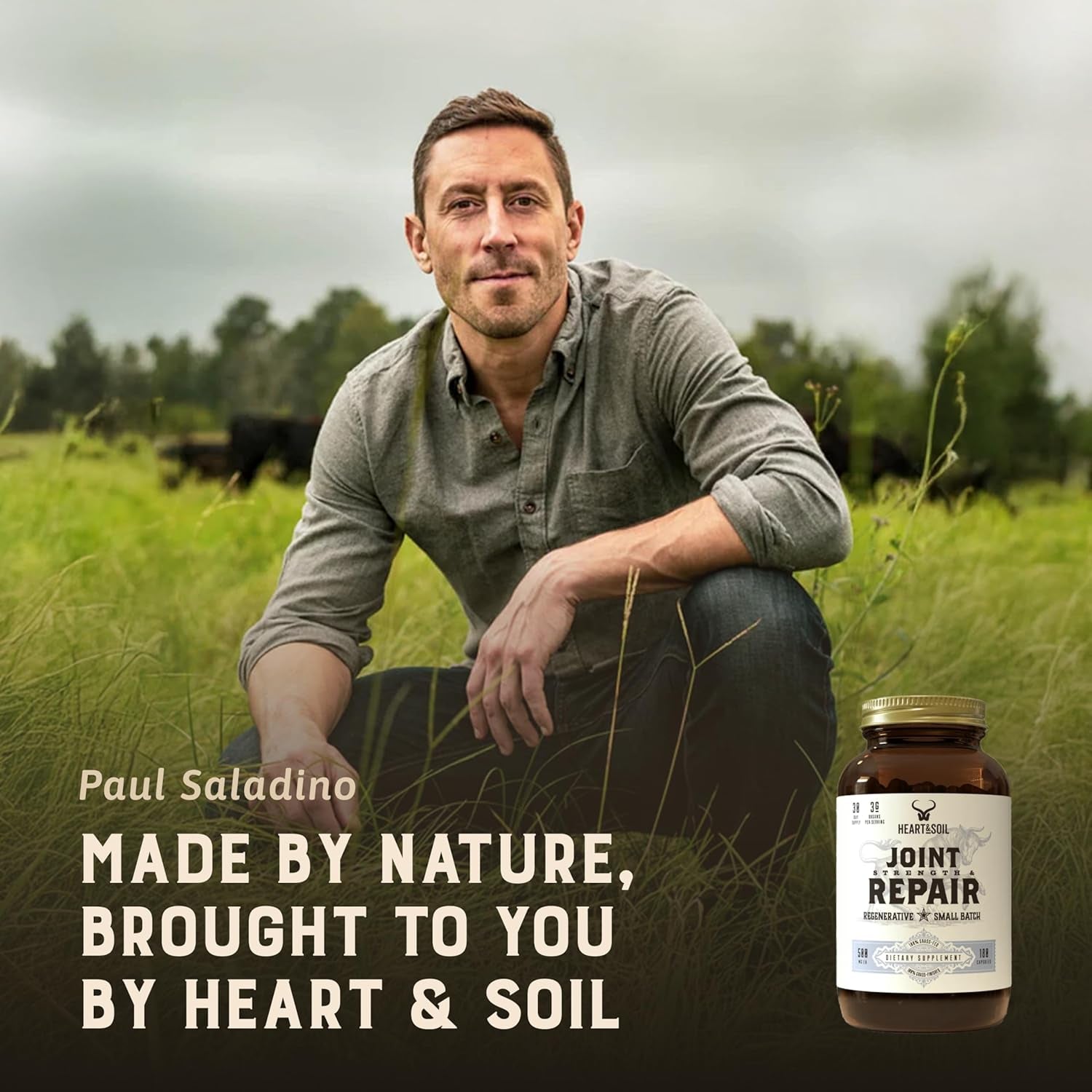 Heart & Soil 100% Grass Fed & Finished Joint Support Supplement from Regenerative Cattle with Trachea, Scapula & Bone Marrow – Supports Joint Strength & Mobility – 3000Mg – Glass Bottle – 180 Capsules
