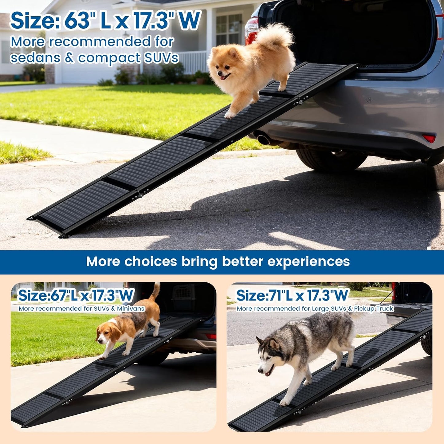 Hbtower 63" Long & 17.3" Wide Folding Dog Ramp for Car, SUV & Truck – Portable Pet Ramp with Non-Slip Surface, Extra Wide Steps for Large Dogs up to 250LBS