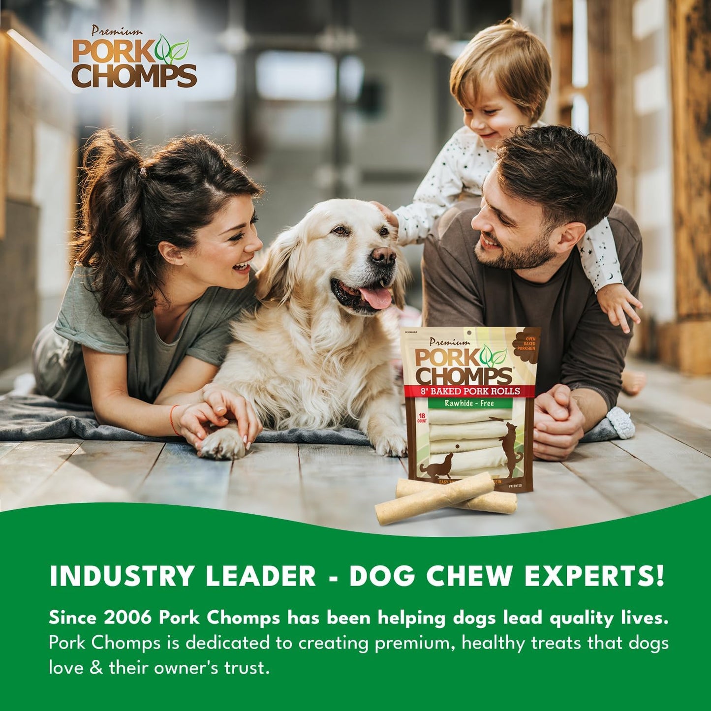Pork Chomps Baked Pork Skin Dog Chews, 8-Inch Rolls, 18 Count (Pack of 1)