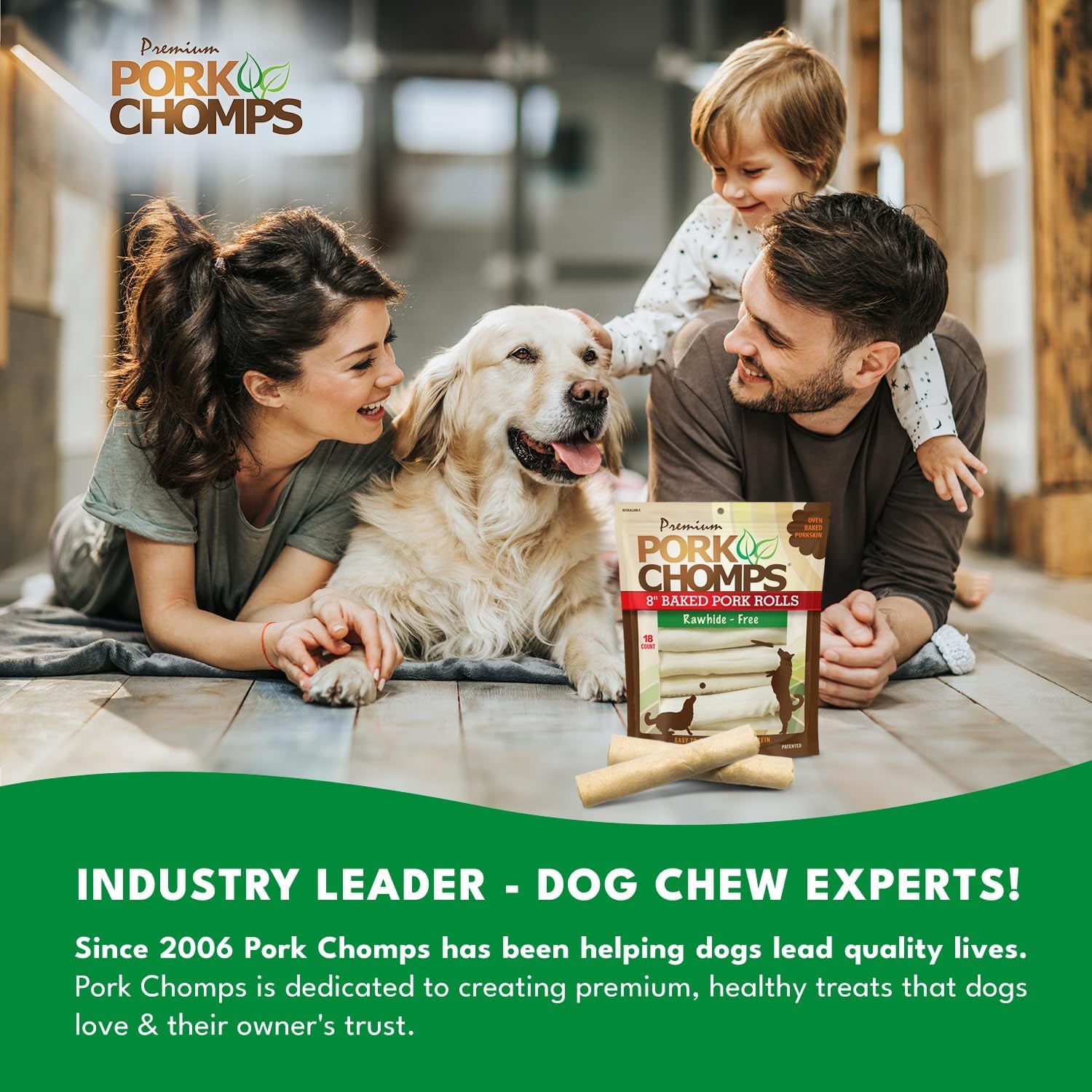 Pork Chomps Baked Pork Skin Dog Chews, 8-Inch Rolls, 18 Count (Pack of 1)