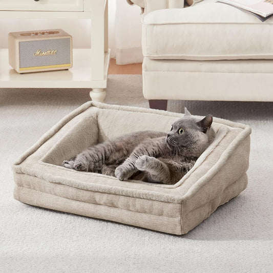 Laojin Balhen Cat Couch for Pets, Washable Cat Beds for Indoor Cats, Super Soft Plush Supportive Dog Couch Bed for Puppy and Kitten with Anti-Slip Bottom, 24Inch, Beige