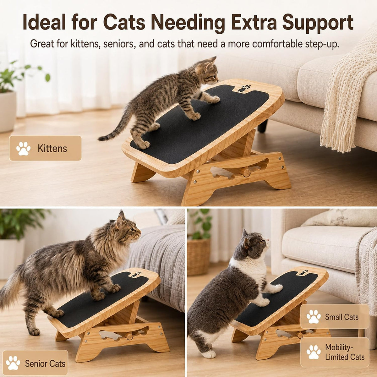 Wooden Litter Box Ramp, 4-Position Adjustable Cat Step for Automatic