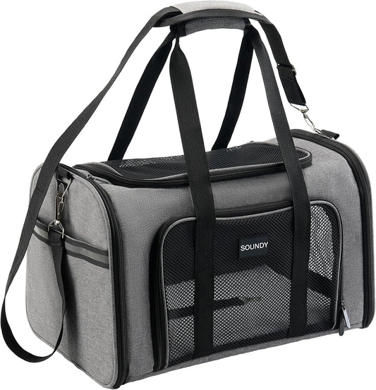 Soundy Large Cat Carrier Dog Carrier under 25 Lbs,Collapsible Ventilated Portable Pet Bag with Soft Sided Breathable Mesh for Long Car Trips Maxi Load 2 Kittens or Small, Medium Dog (Large Grey)