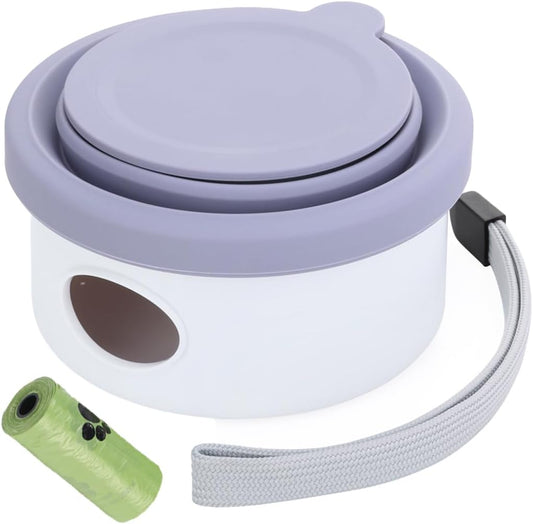 LINMENGSHU 3-In-1 Portable Dog Travel Bowl, Foldable Silicone Water Bowl with Built-In Snack Storage & Poop Bag Dispenser, All-In-One Outdoor Dog Walking Hiking Pet Accessories (Purple)