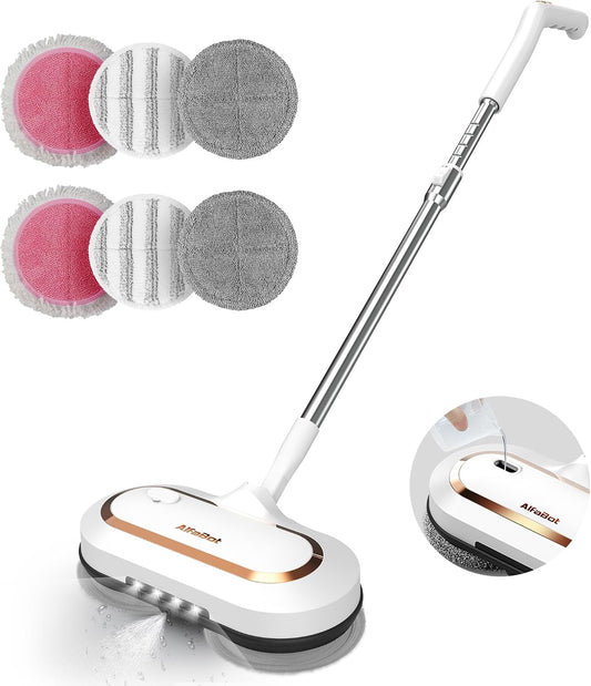 Alfabot Cordless Electric Mop, Dual Spin Power Floor Cleaner with LED Headlight and Water Spray, 60-Min Runtime Self-Propelled Mop with Adjustable Tube for Hardwood, Tile, Marble and Vinyl Floors