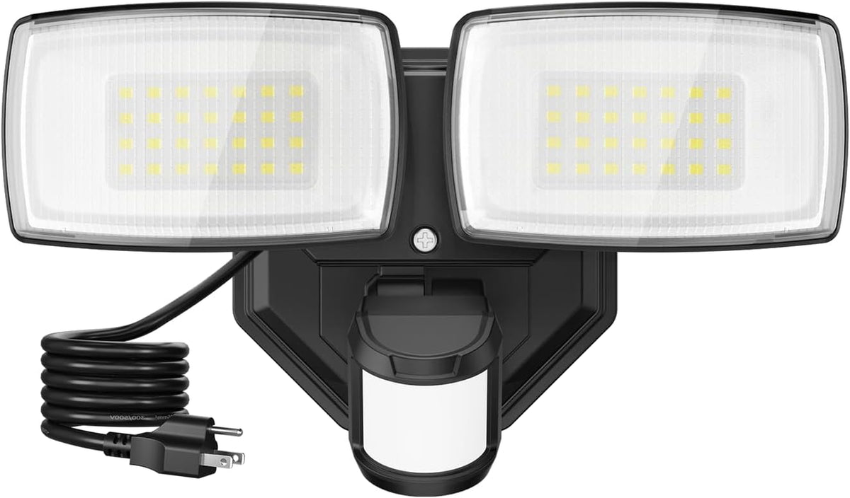 Onforu 32W Plug in Motion Sensor Lights Outdoor, 3200LM Motion Flood Light Dusk to Dawn, IP65 Waterproof Led Security Light Outside, 2 Heads Motion Activated Wall Light for Garage, Porch, Yard - Black