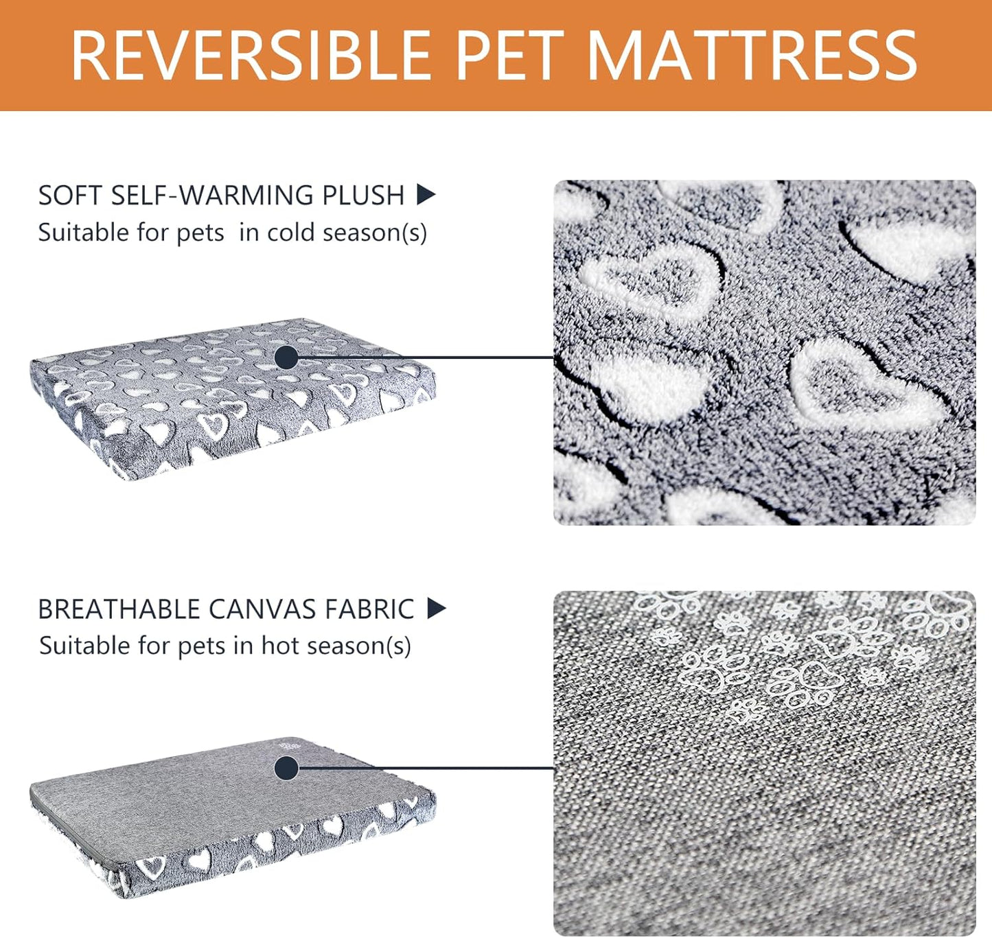 VANKEAN Reversible Cool and Warm Dog Bed Mat for Crates - Stylish Pad with Waterproof Inner Linings and Removable Machine Washable Cover, Firm Support for Small to Xx-Large Dogs, Grey