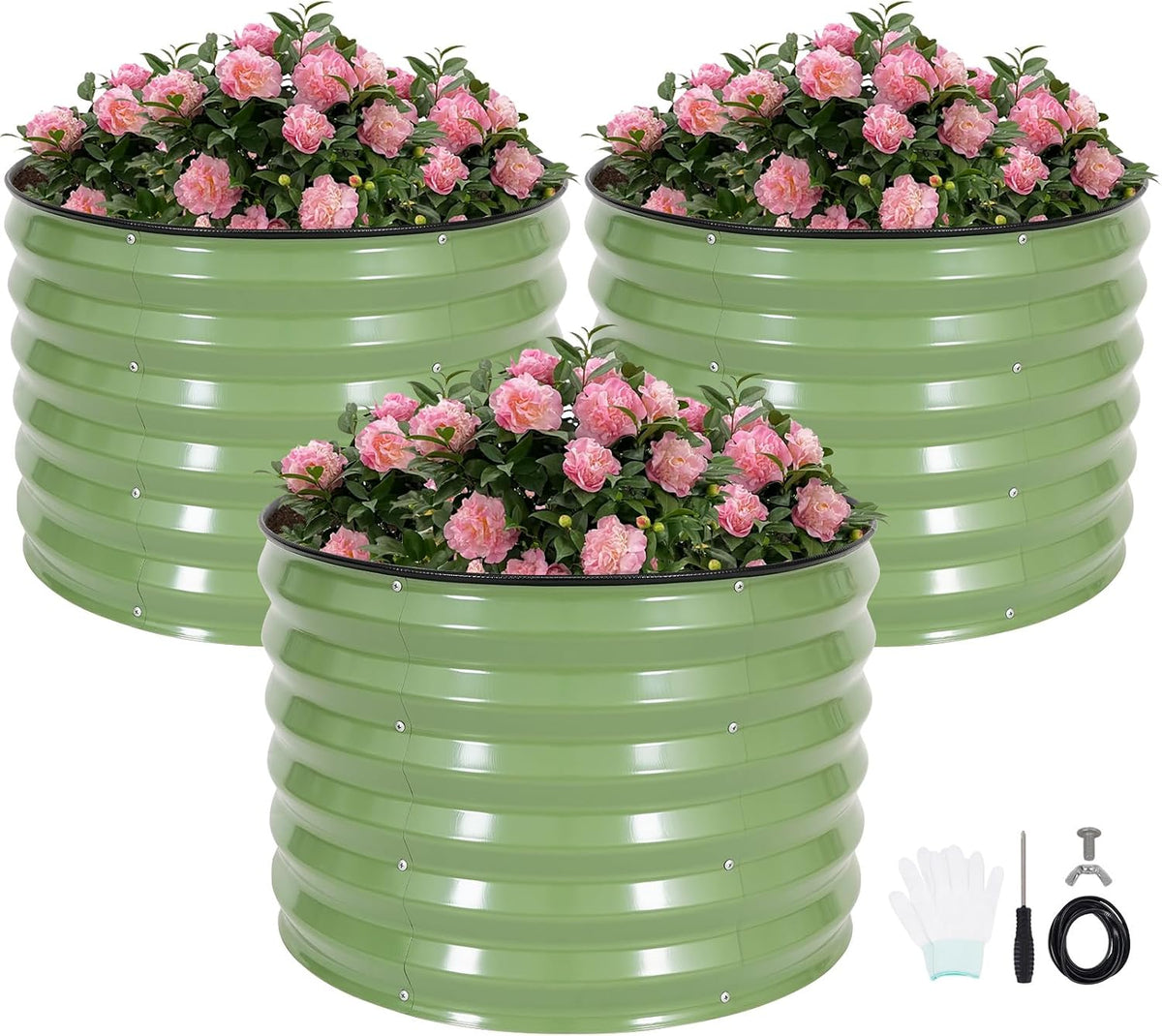 INNO STAGE 3 Pcs round Galvanized Raised Garden Beds, 2X2X1.4Ft Olive Green