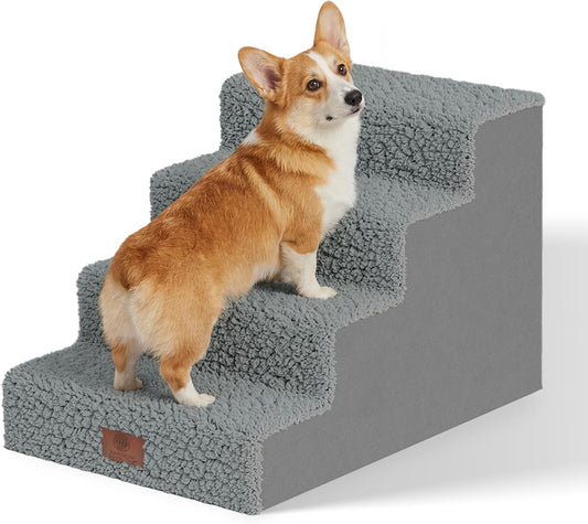 AKC – 4-Step Pet Stairs for Beds & Couch | Built for Small Dogs & Small Breeds | Long-Back & Senior Dogs | Lightweight, Soft, Non-Slip, Washable | No-Tool Assembly | Supports 35 Lbs | 16X24X14.2 In