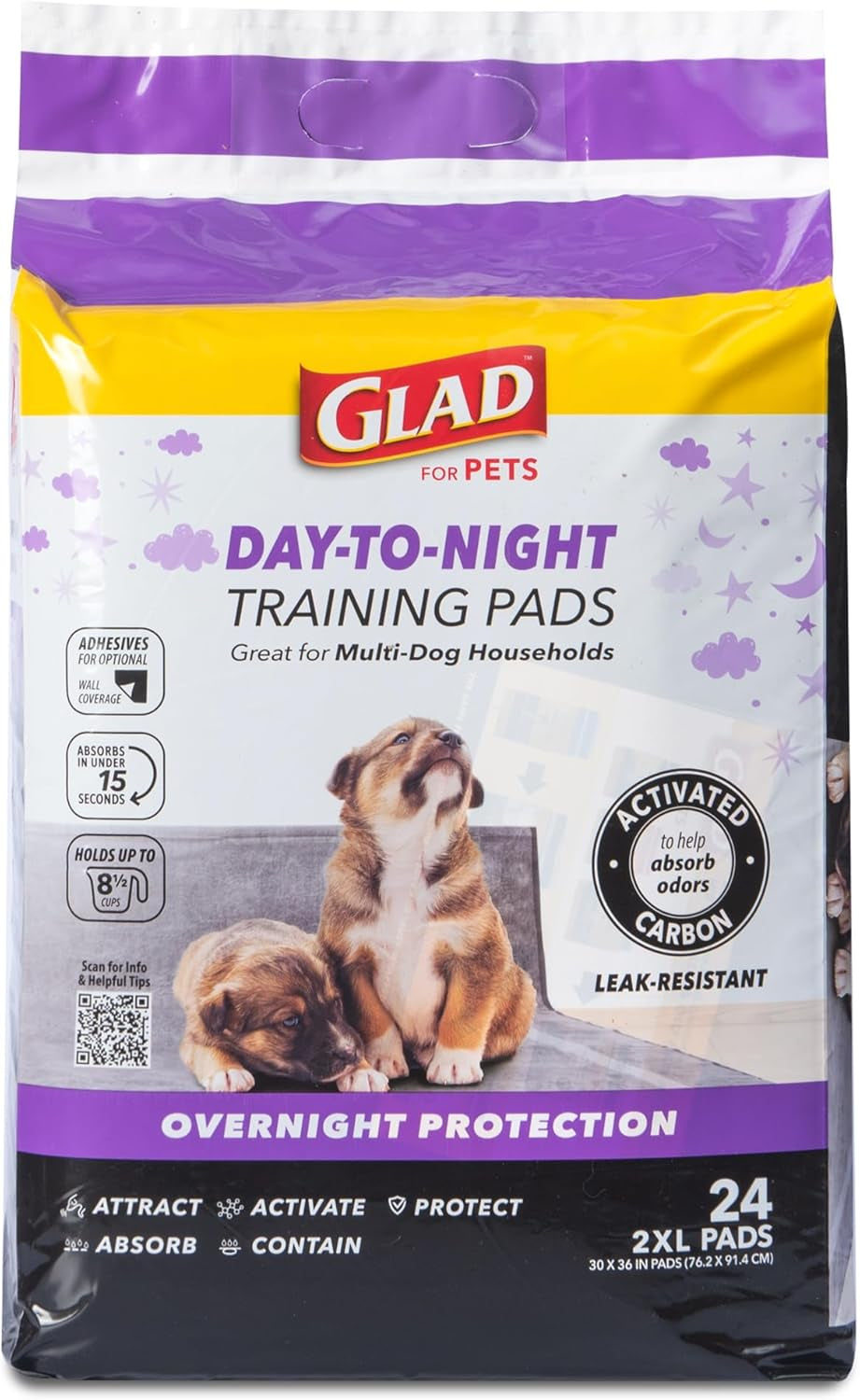 Glad for Pets Day to Night Activated Carbon Puppy Training Pads, Odor Control Disposable Dog Pads with Adhesive and Wall Protection, Leak Proof and Super Absorbent, 30 X 36 Inch, 24 Count