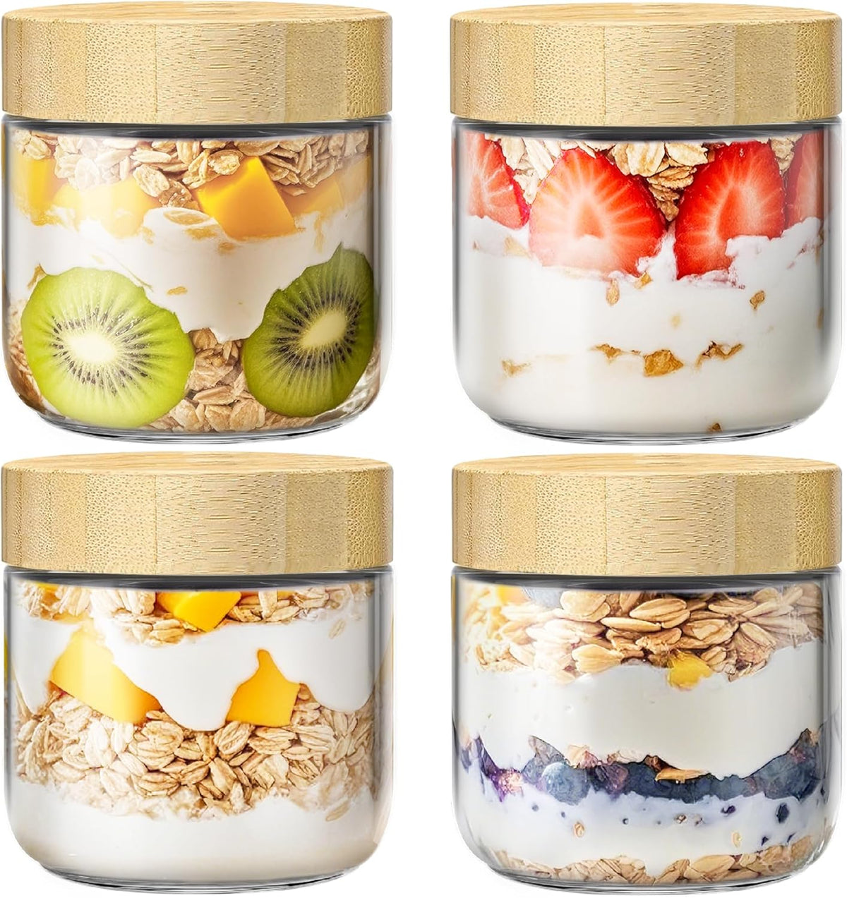 10 Oz Overnight Oats Containers with Bamboo Lids, Glass Mason Jars 4 Pack