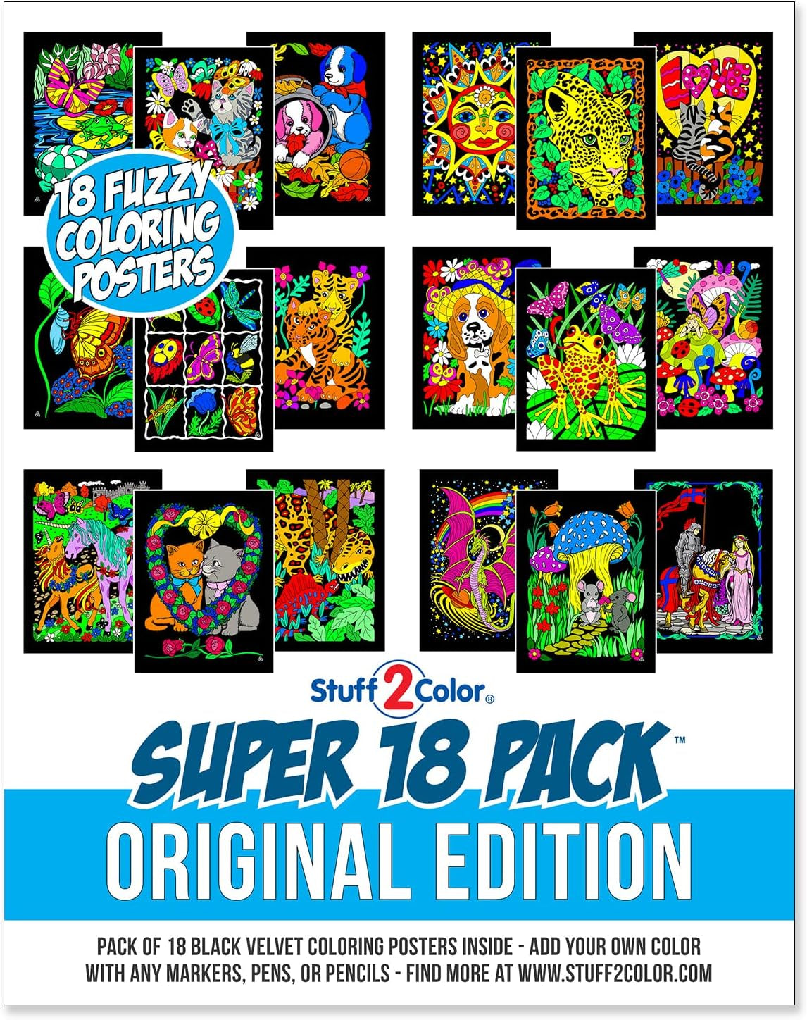 Super Pack of 18 Fuzzy Velvet Coloring Posters (Original Edition) - Great for Family Time Coloring, Arts, Crafts, Travel, School, Care Facilities [All Ages Fun: Girls, Boys, Adults, Kids] (1 Pack)