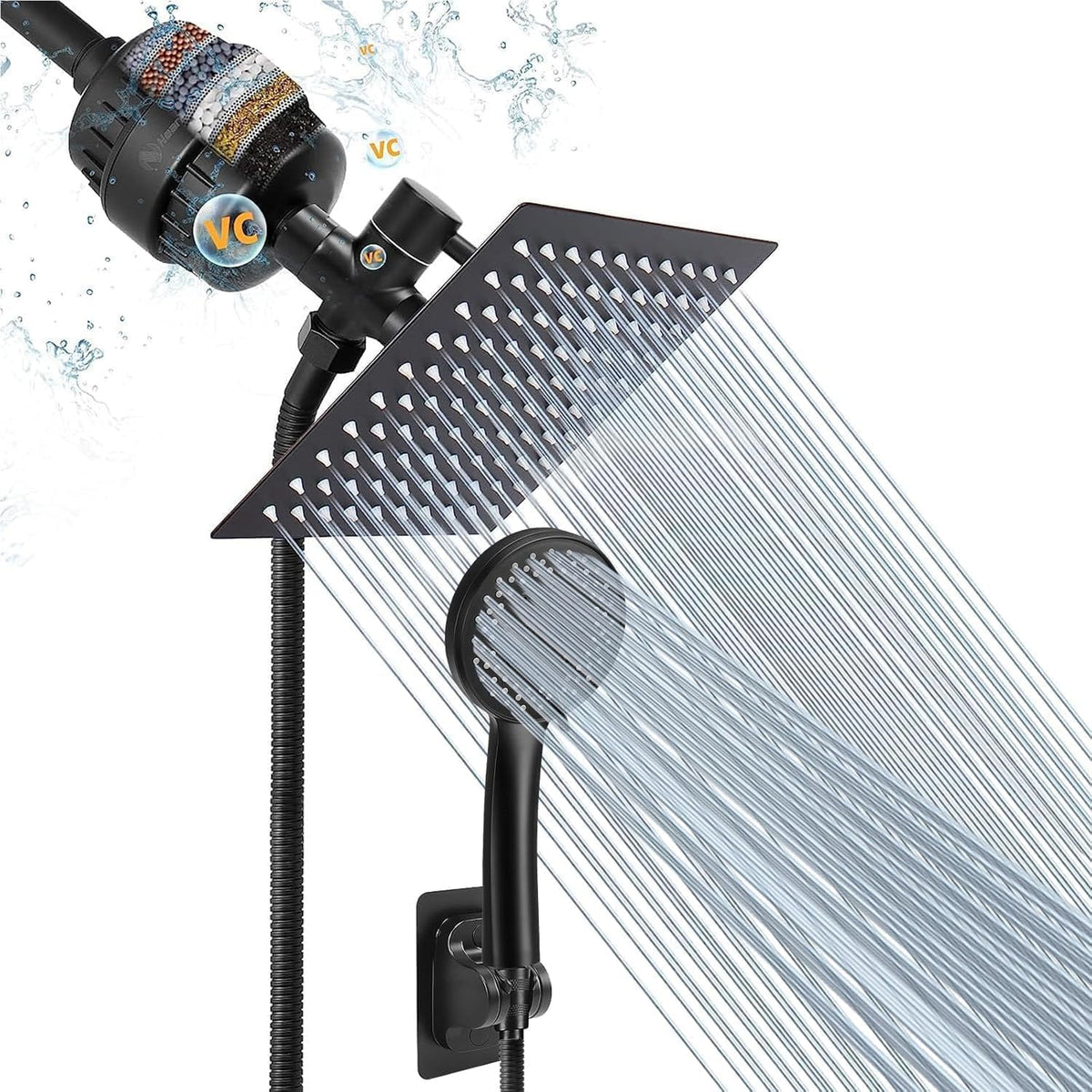Nearmoon Filtered Rain Shower Head, High Pressure 8″Square, and 5 Settings Handheld Shower Filter Combo with Self-Adhesive Holder/1.5M Hose -1 Replaceable Filter Cartridge (Matte Black)