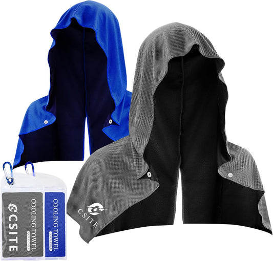 CSITE 2 Pack Cooling Hoodie Towels, Instant Cooling Towels for Neck and Face, UPF 50 Sun Protection, Ice Towel for Hot Weather, Head Towel for Sports, Camping, Cycling & More Activities
