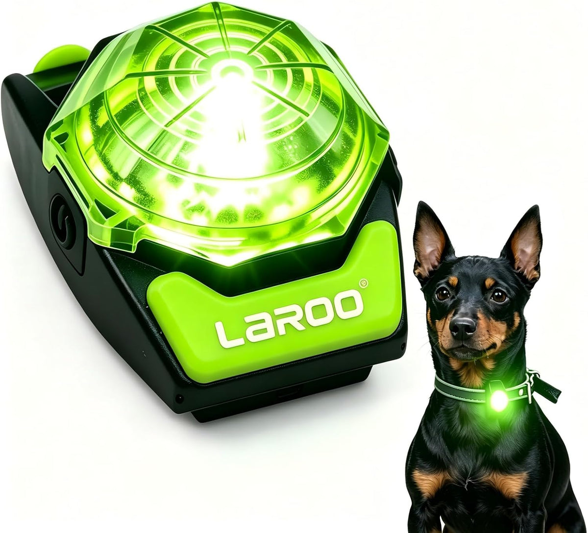 Laroo Dog Collar Light, 13G Ultra-Light USB Rechargeable LED Dog Lights, IPX6 Waterproof 3 Modes Clip-On Pet Safety Light for Night Walking, Hiking & Camping -Green