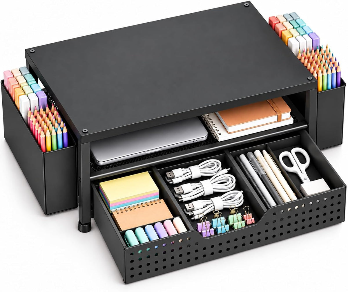 Desk Organizer and Accessories, 2-Tier Computer Monitor Stand Rise with Storage Drawer & 2 Pen Holders, Laptop & Printer Stand for Desktop, Workspace Organizers for Office Supplies (Black)