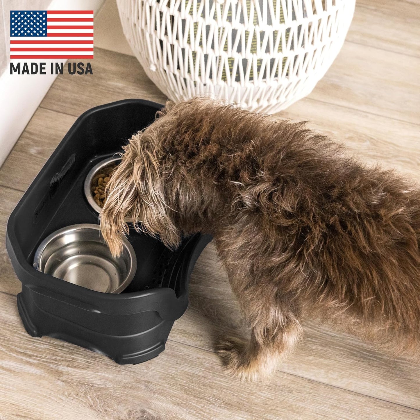 Neater Pet Brands Neater Feeder Deluxe Mess Proof Dog Bowls Elevated for Small Dogs under 19 Lbs, Made in USA, No Spill Raised Dog Food Bowl Stand Feeding Station, Food and Water Bowl Set, Black