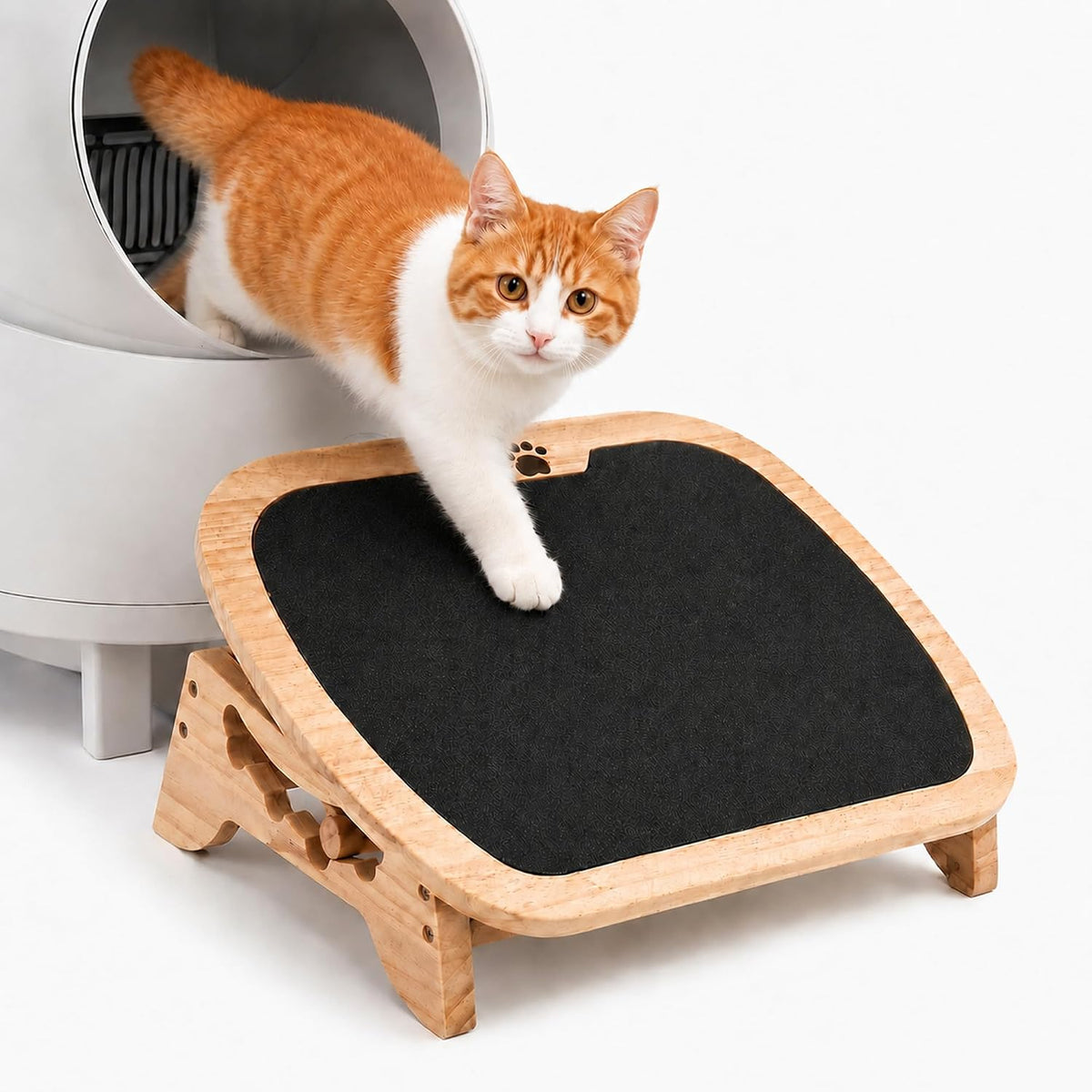 Wooden Litter Box Ramp, 4-Position Adjustable Cat Step for Automatic