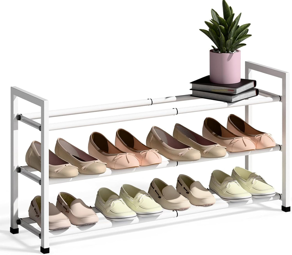 Bumusty 3 Tier Expandable Shoe Rack for Closet, White