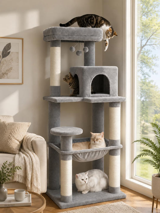 MUTTROS 56.3" Cat Tree with Metal Hammock, 2-Door Condo, 6 Tiers, Gray